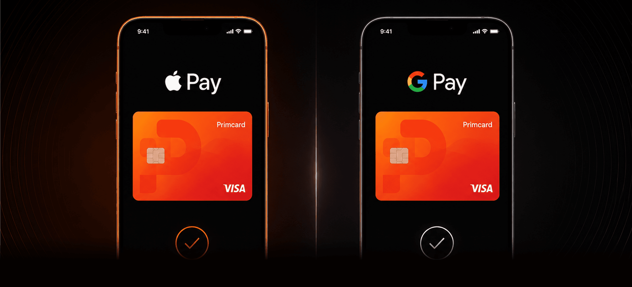 Primcard shown in Apple Pay on one phone and Google Pay on another