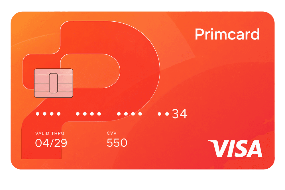 Primcard virtual Visa card with the card number, expiry date and CVV revealed