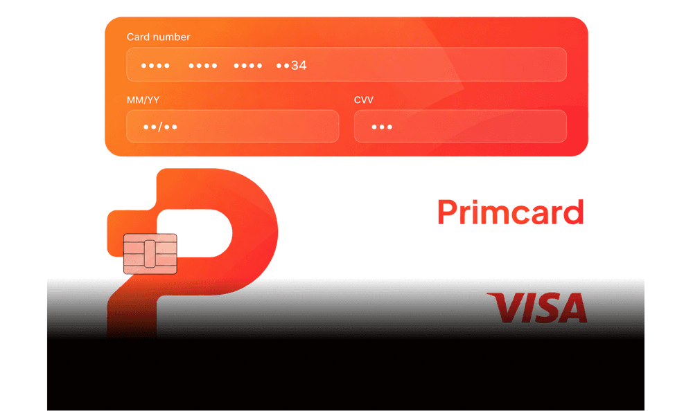 Card number, expiry date and CVV fields filled in above a Primcard Visa card