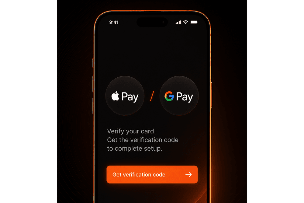 Phone showing Apple Pay and Google Pay logos with a Get verification code button