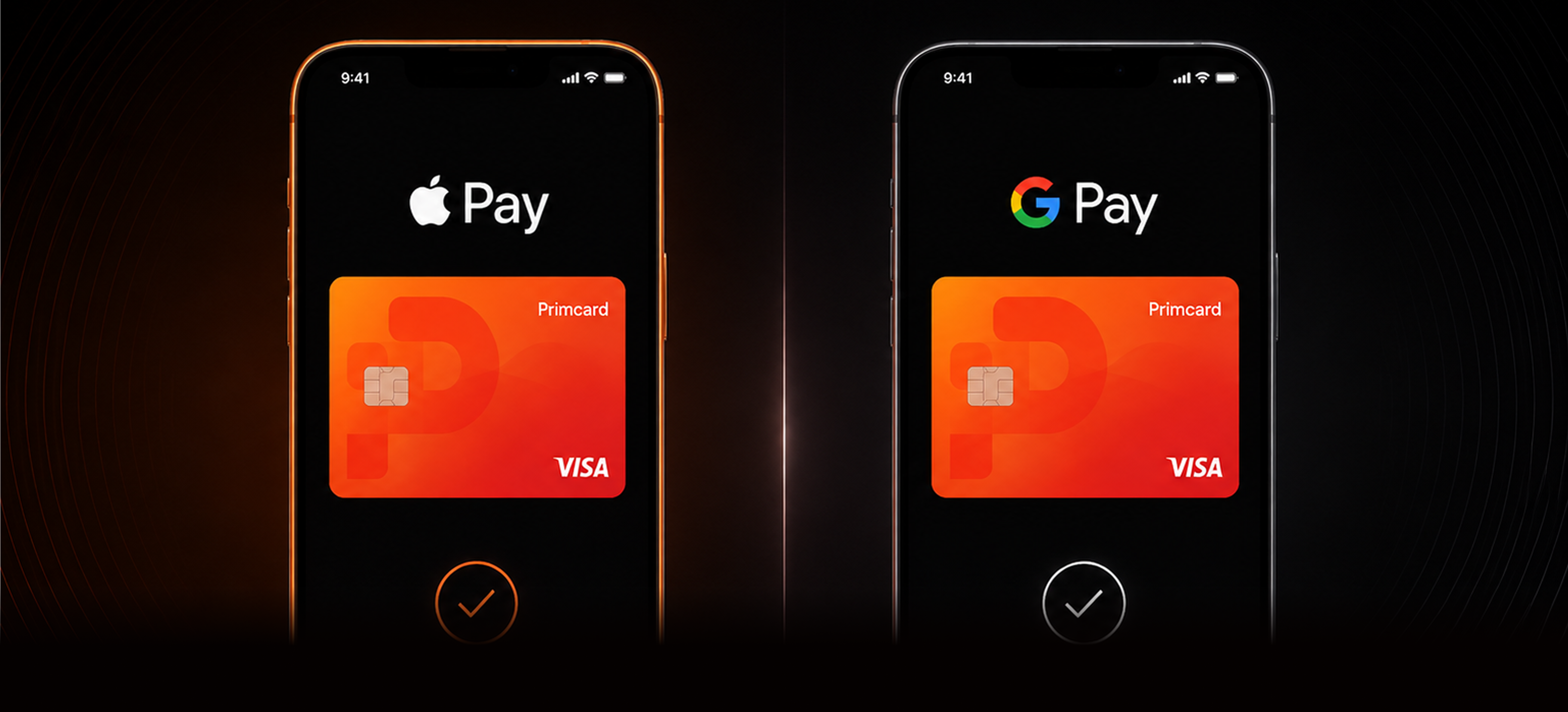 Primcard shown in Apple Pay on one phone and Google Pay on another