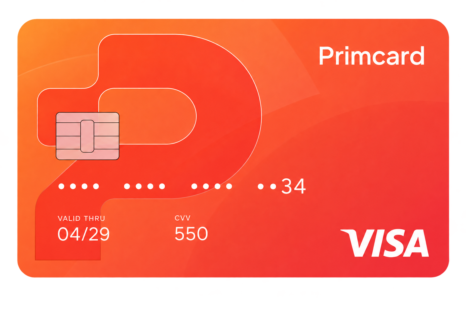Primcard virtual Visa card with the card number, expiry date and CVV revealed