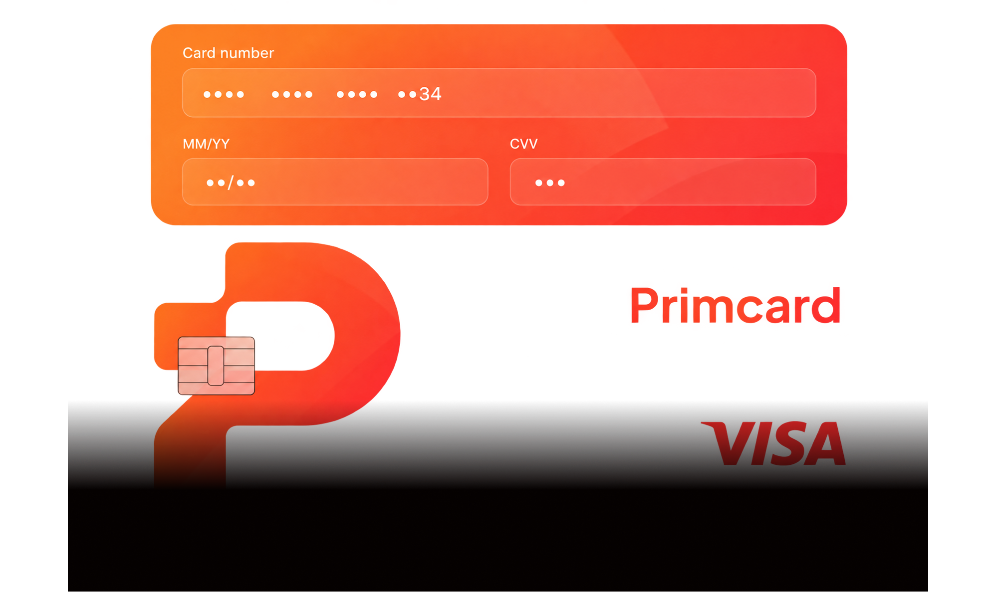 Card number, expiry date and CVV fields filled in above a Primcard Visa card