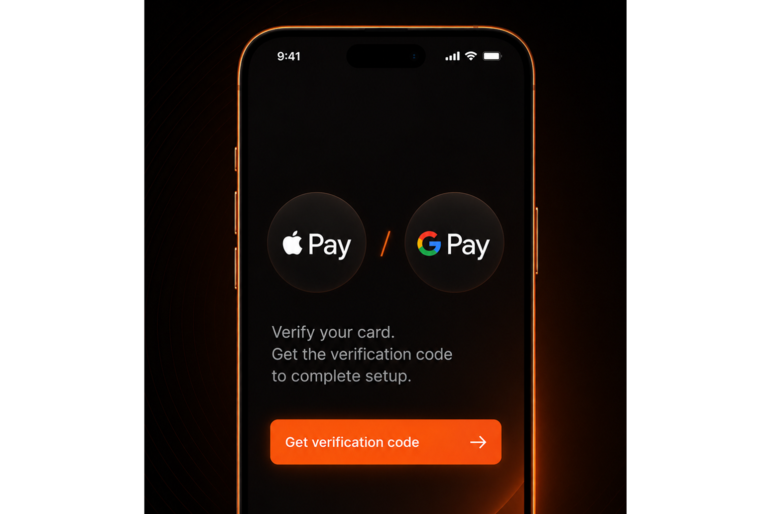 Phone showing Apple Pay and Google Pay logos with a Get verification code button